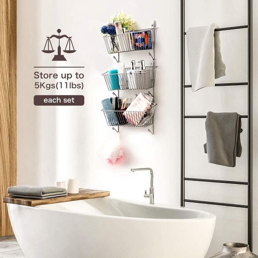 Hangmand organizer hangrek van metaal met 3 etages en haken boven de deur of wandhouder voor keuken eetkamer badkamer kast slaapzaal kantoor zilver